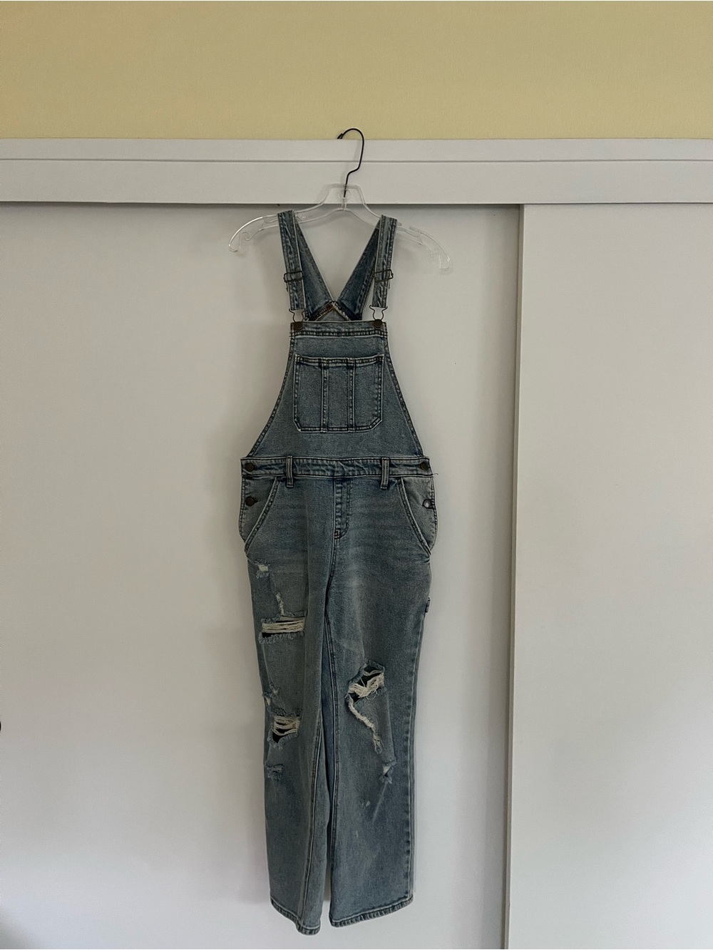 Women’s Distressed Denim Overalls